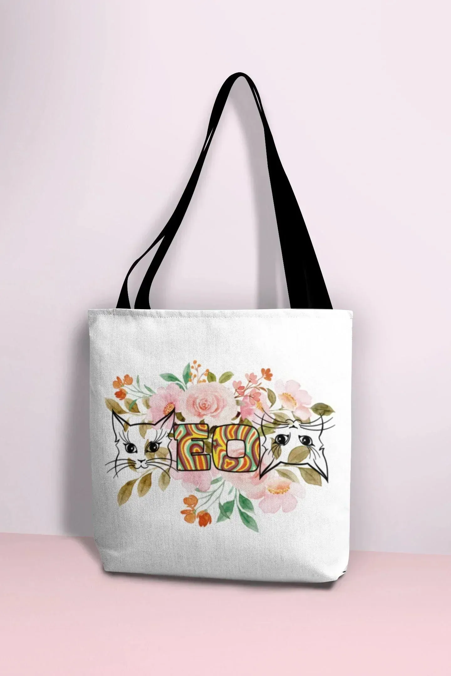 Cat Tote Bag, Aesthetic Tote Bag with Pockets, Hippie Cat Lovers Gift, Cat Mom Canvas Bag, Pro Choice Pro Feminism, Pussy Cat Themed Gifts