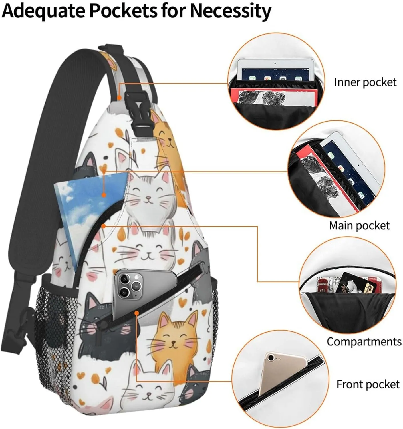 Cats Print Sling Bag Crossbody Shoulder Backpack Chest Bags Gym Travel Hiking Casual Daypack