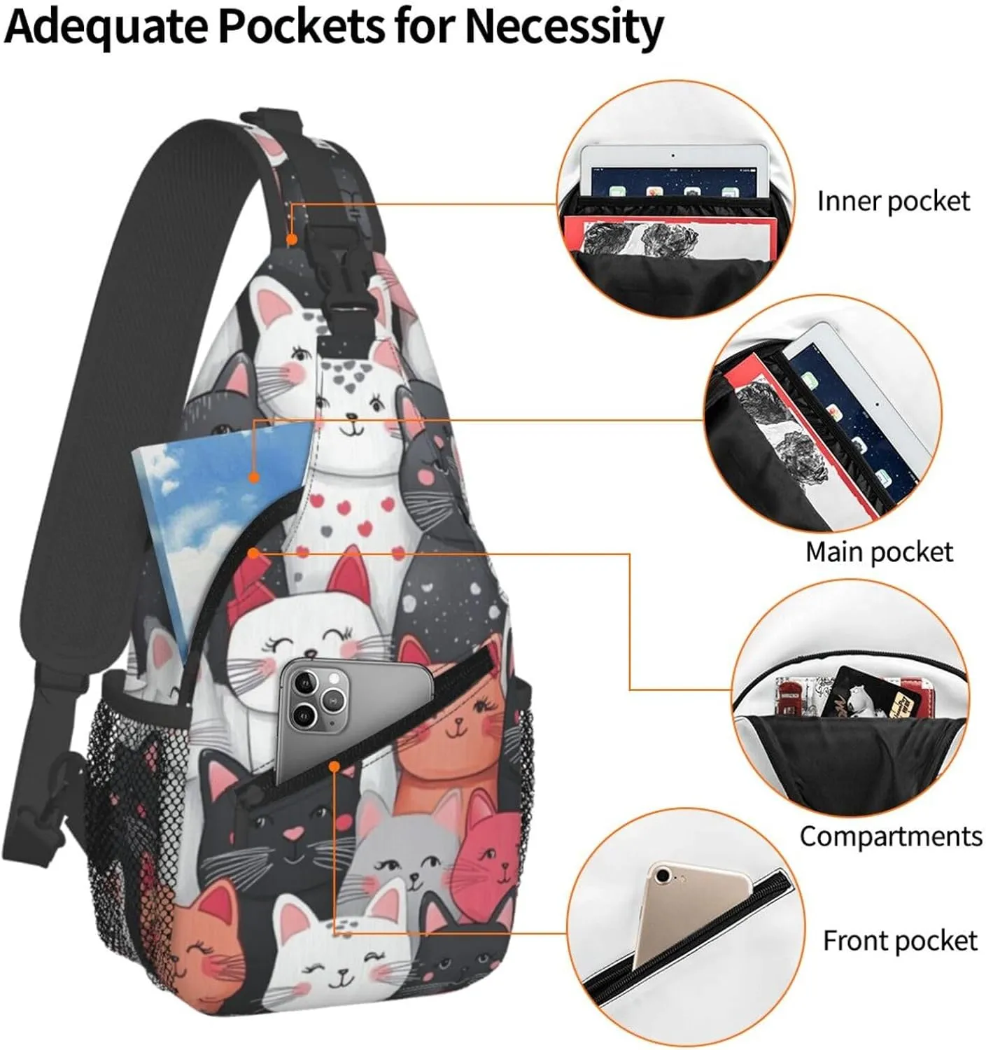 Cats Print Sling Bag Crossbody Shoulder Backpack Chest Bags Gym Travel Hiking Casual Daypack