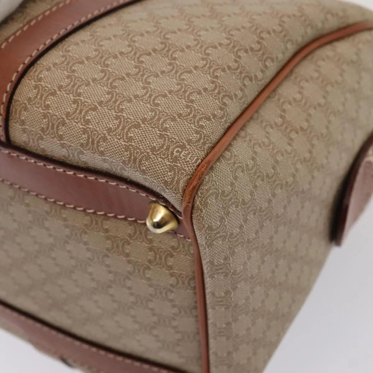 CELINE Macadam Canvas Boston Bag PVC Leather Beige Auth 82895