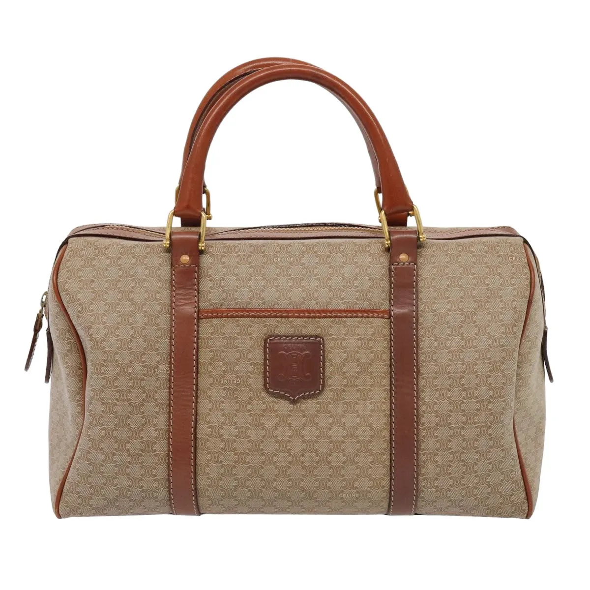 CELINE Macadam Canvas Boston Bag PVC Leather Beige Auth 82895