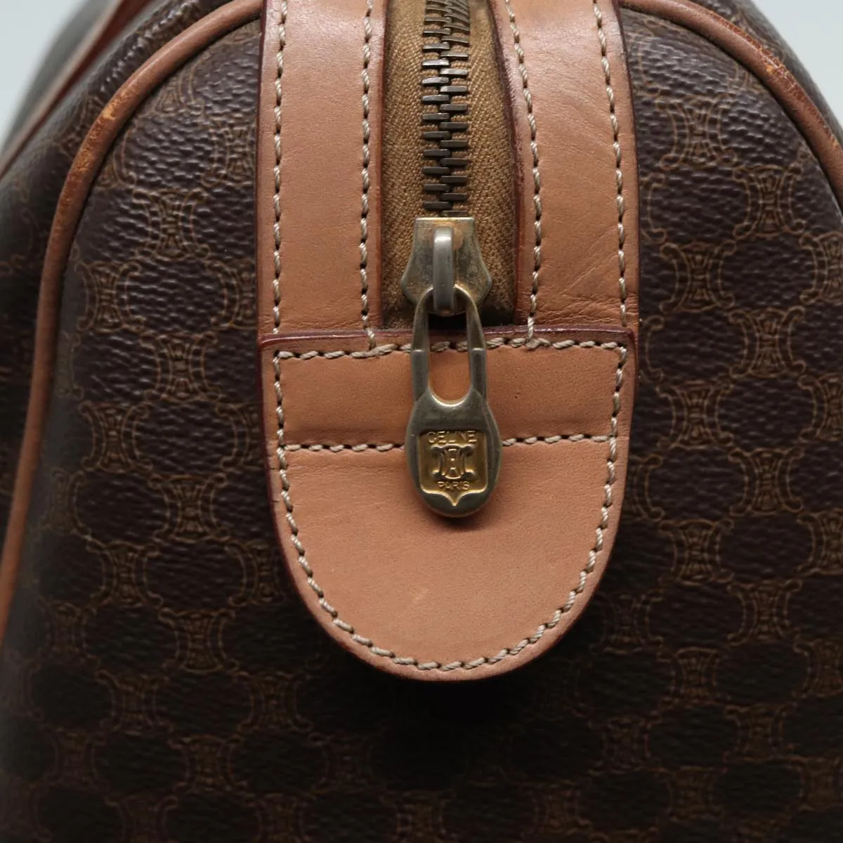 CELINE Macadam Canvas Boston Bag PVC Leather Brown Auth 83343