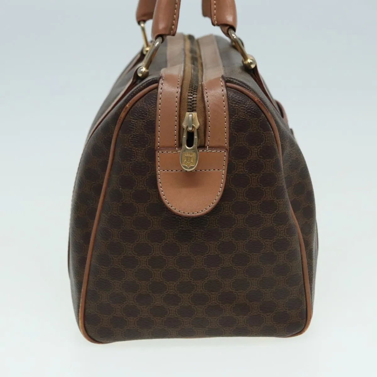 CELINE Macadam Canvas Boston Bag PVC Leather Brown Auth 83343
