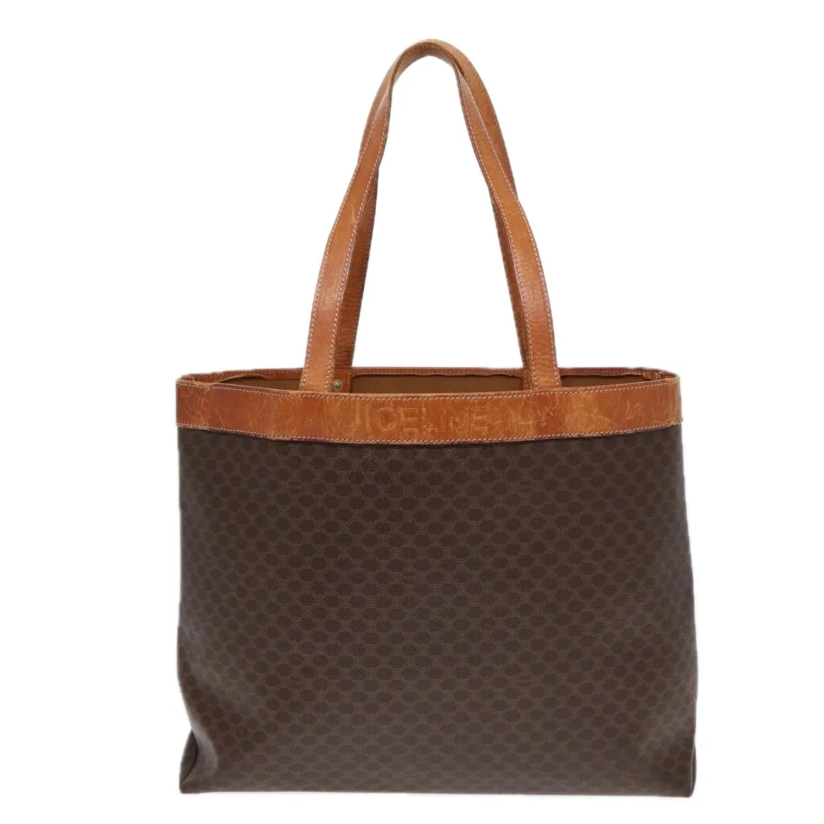CELINE Macadam Canvas Tote Bag PVC Leather Brown Gold Auth 88503