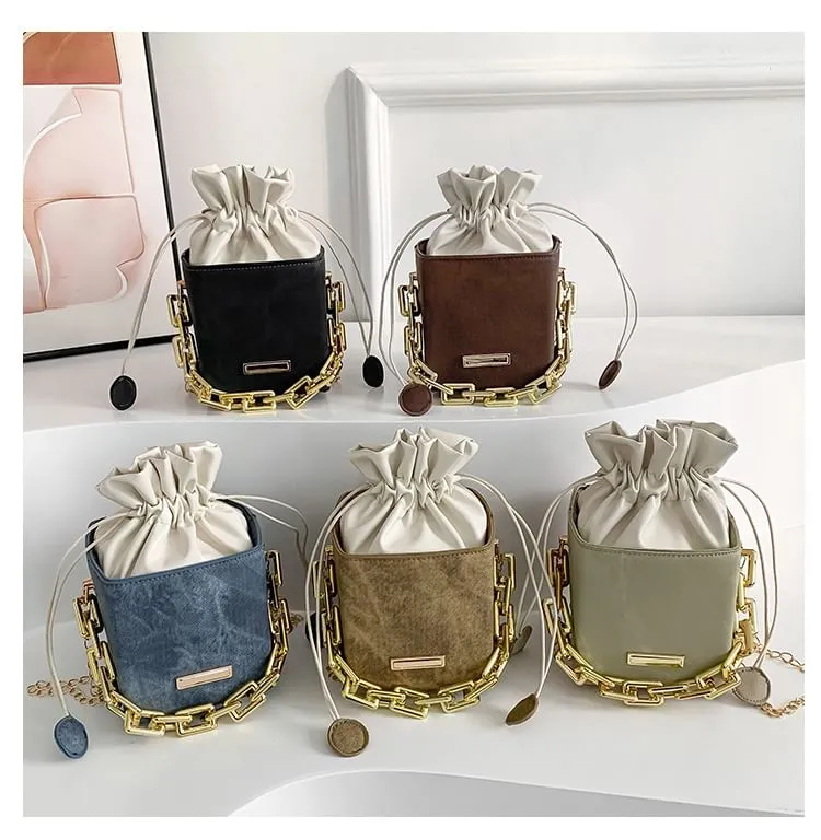 Chain Strap Drawstring Faux Leather Bucket Bag