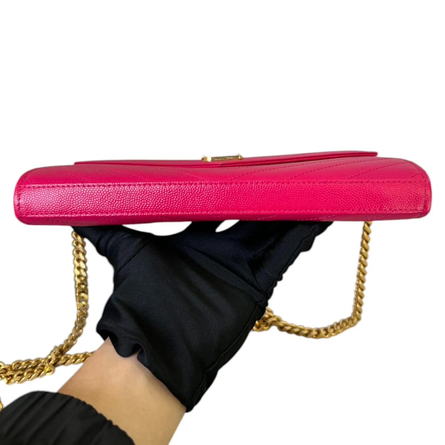 Chain Wallet Grain De Poudre Matelasse Chevron Monogram Pink GHW