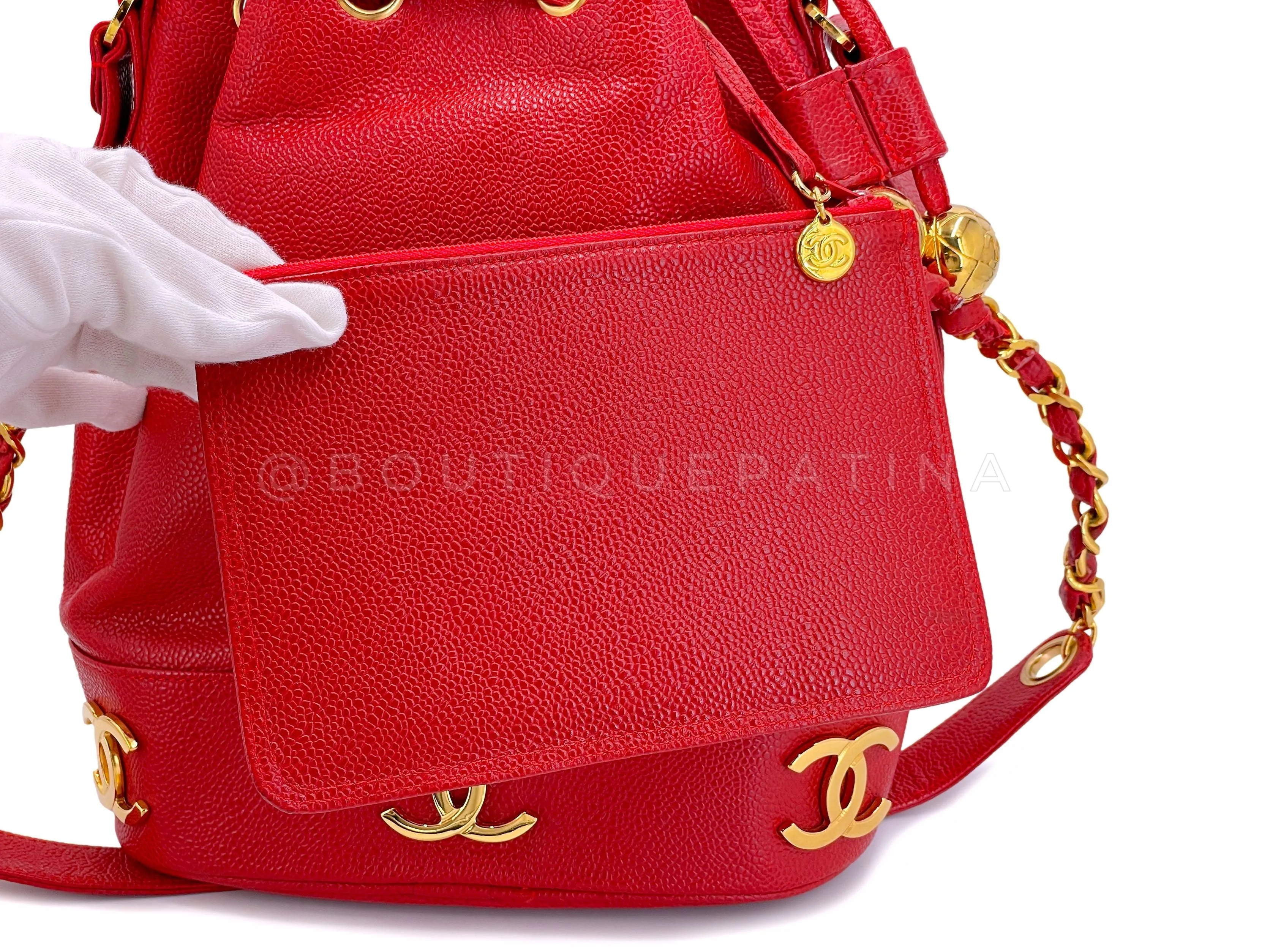 Chanel 1994 Vintage Red Caviar Bucket Bag Drawstring 24k GHW
