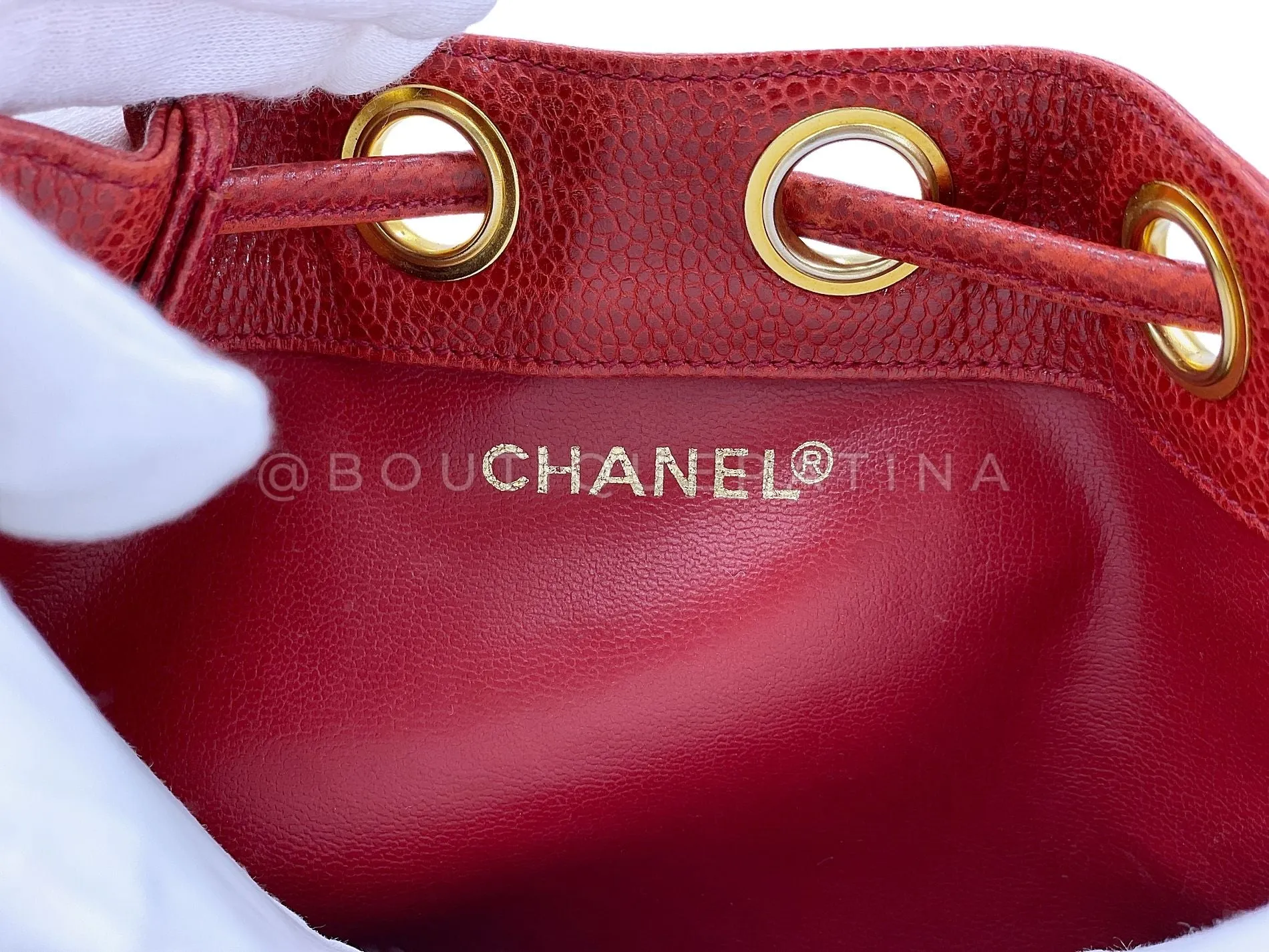 Chanel 1994 Vintage Red Caviar Mini Drawstring 6-CC Rectangular Bucket Bag 24k GHW