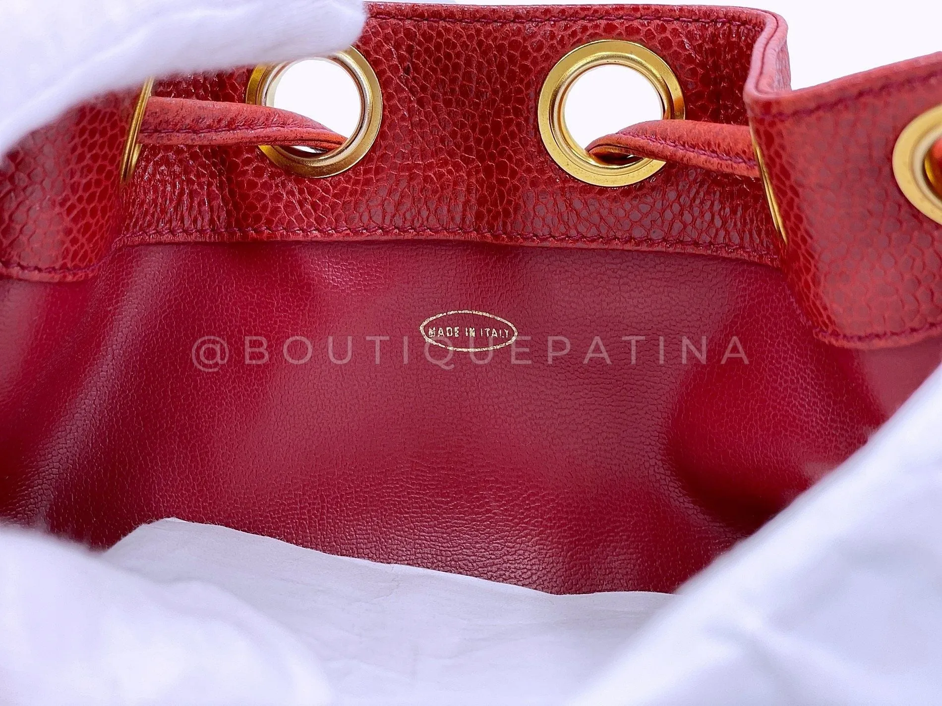 Chanel 1994 Vintage Red Caviar Mini Drawstring 6-CC Rectangular Bucket Bag 24k GHW