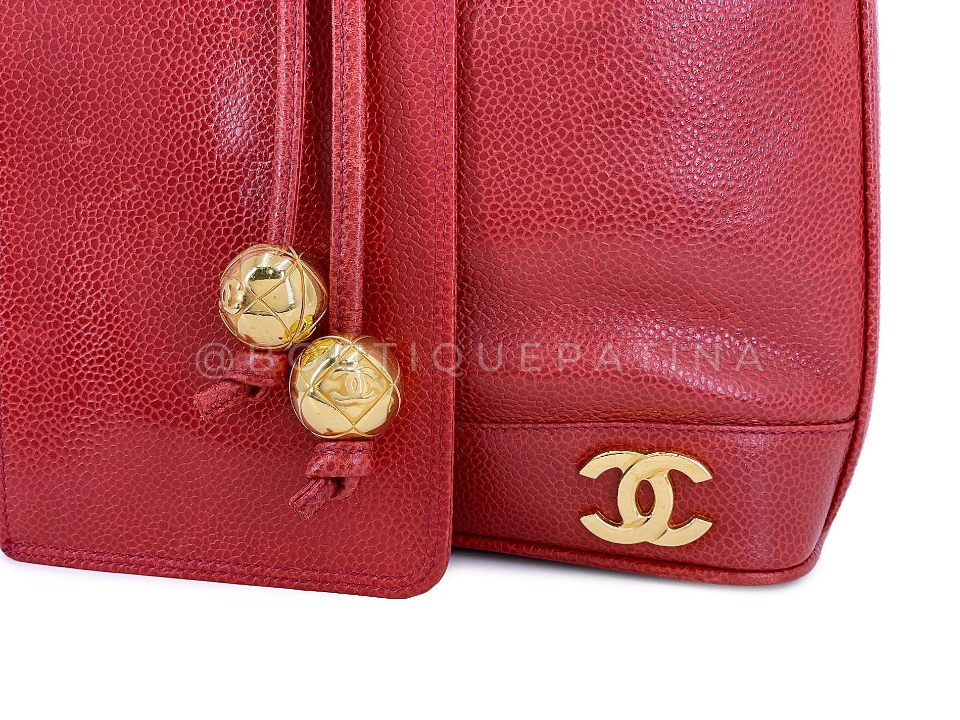 Chanel 1994 Vintage Red Caviar Mini Drawstring 6-CC Rectangular Bucket Bag 24k GHW