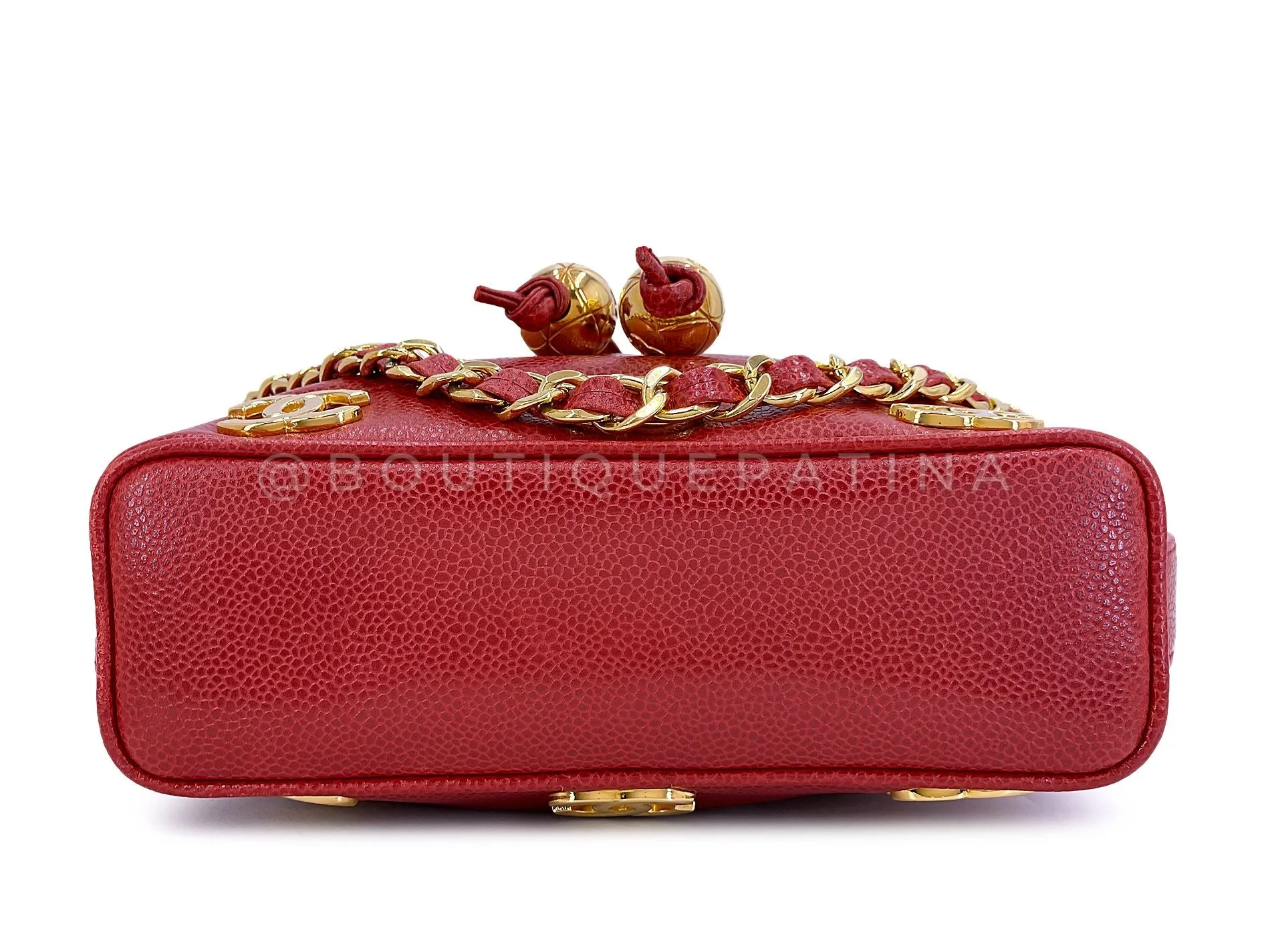 Chanel 1994 Vintage Red Caviar Mini Drawstring 6-CC Rectangular Bucket Bag 24k GHW