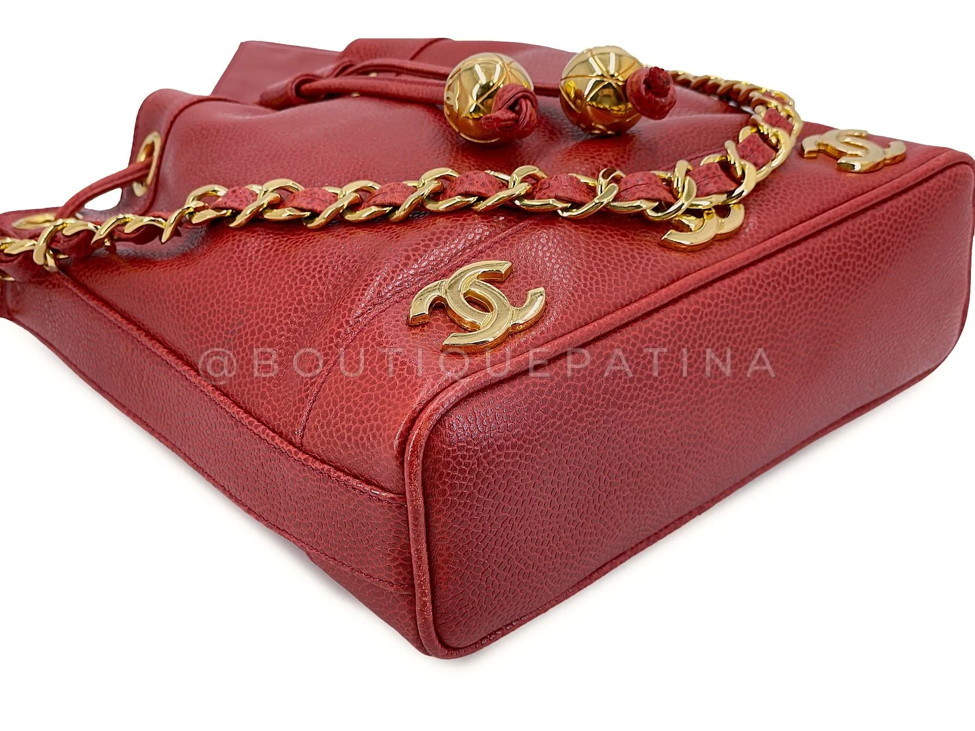 Chanel 1994 Vintage Red Caviar Mini Drawstring 6-CC Rectangular Bucket Bag 24k GHW