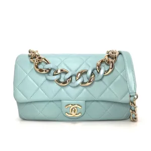 CHANEL 2020 Medium Lambskin Quilted Resin Bi-Color Elegant Chain Flap Bag Green ladies