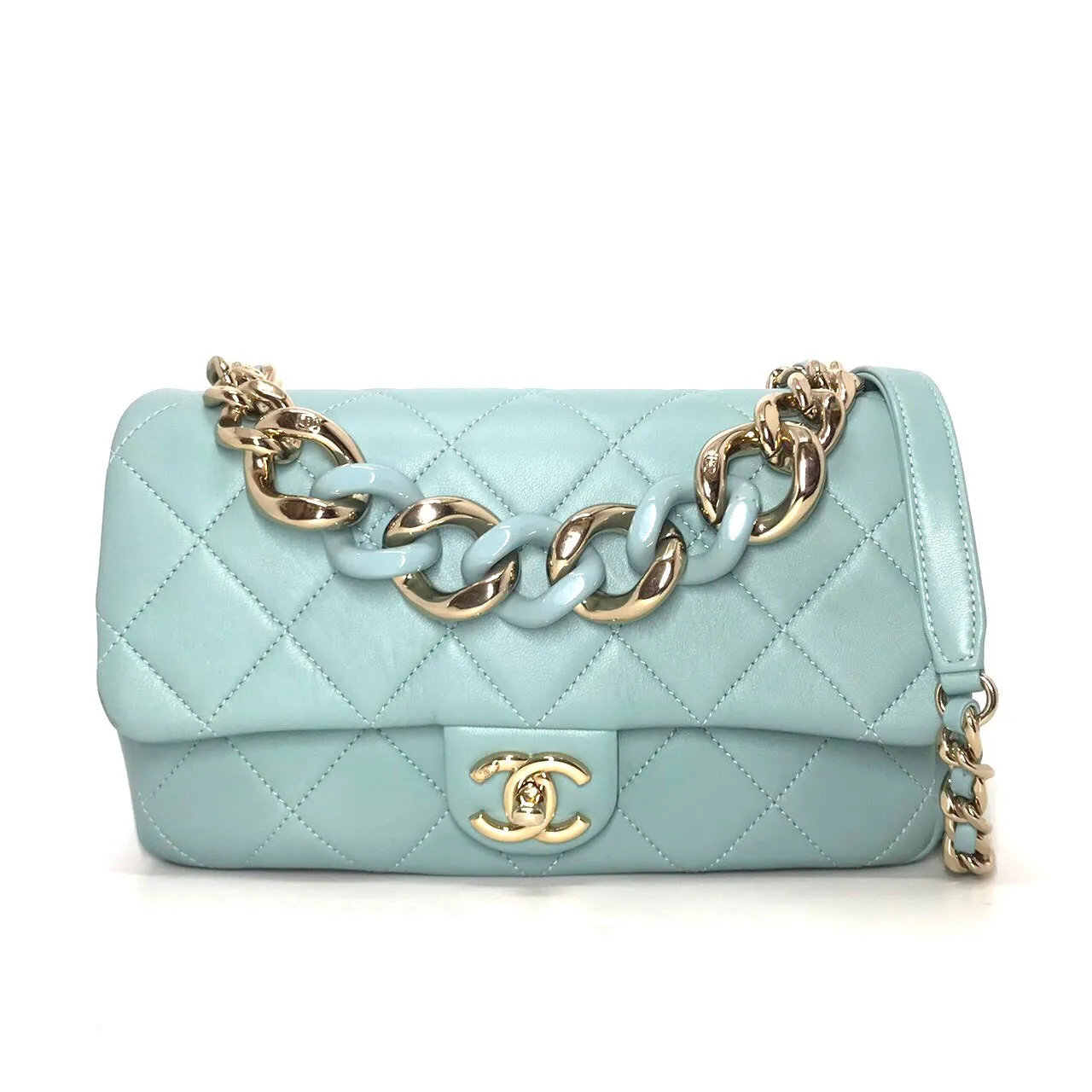 CHANEL 2020 Medium Lambskin Quilted Resin Bi-Color Elegant Chain Flap Bag Green ladies