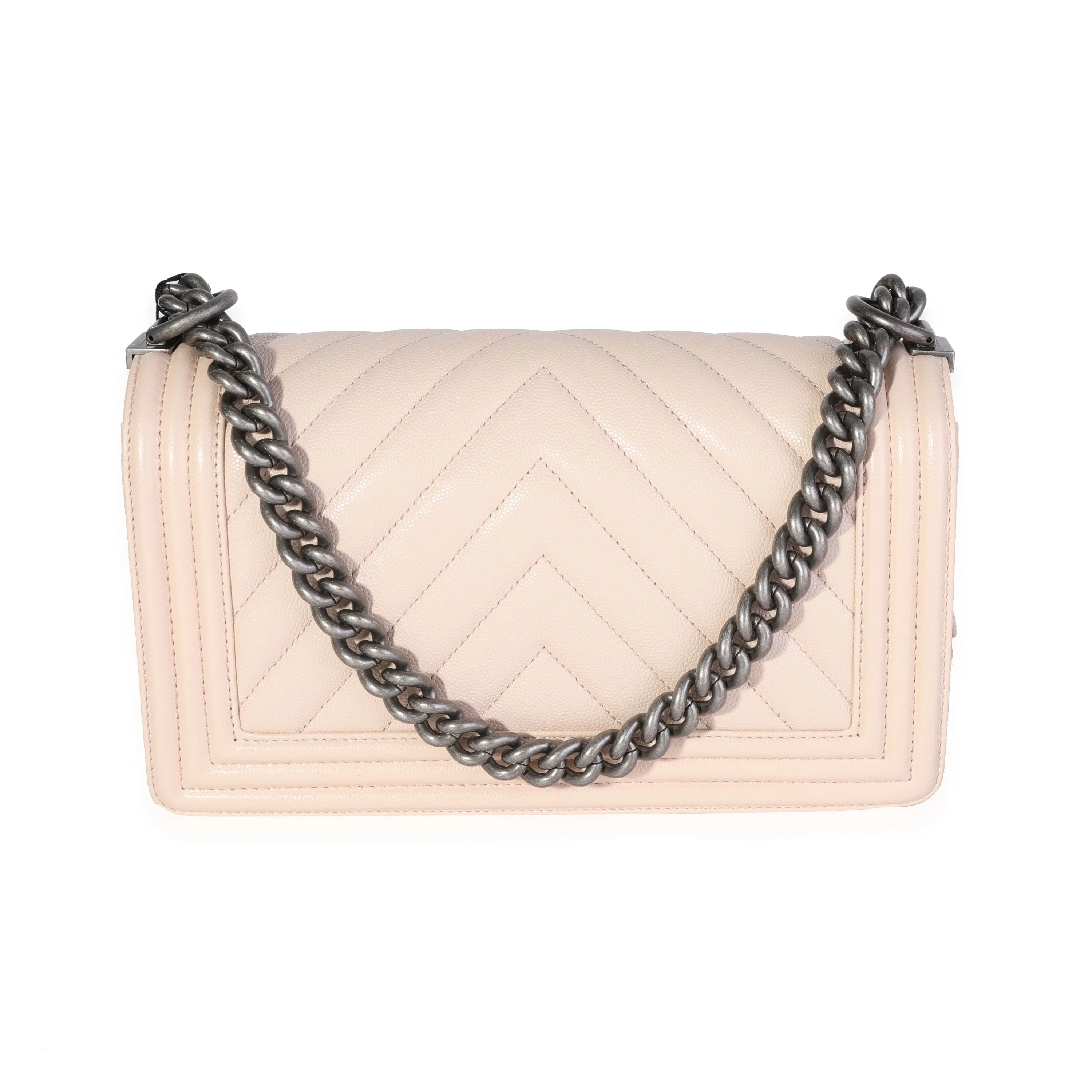 Chanel Beige Chevron Quilted Caviar Old Medium Boy Bag