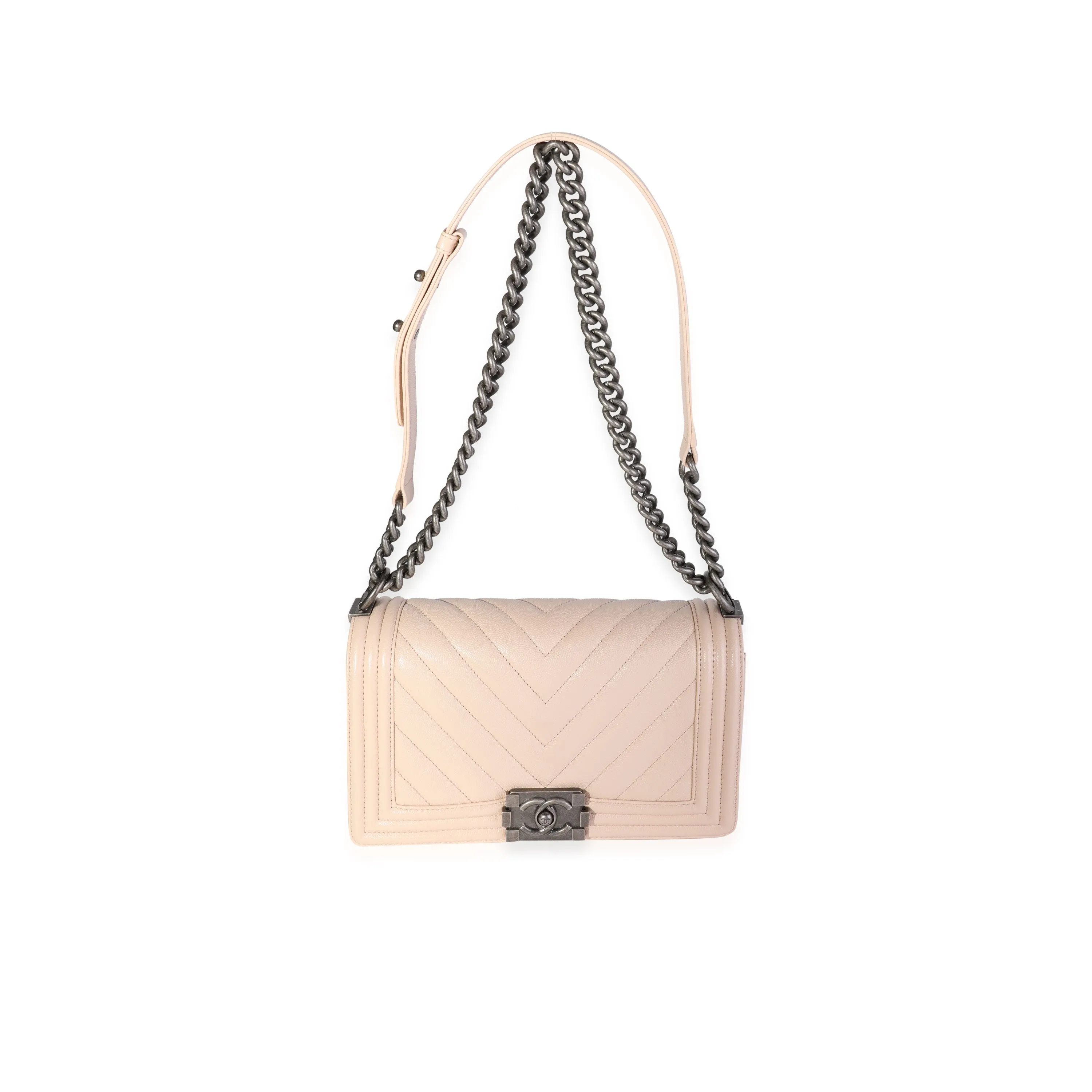 Chanel Beige Chevron Quilted Caviar Old Medium Boy Bag