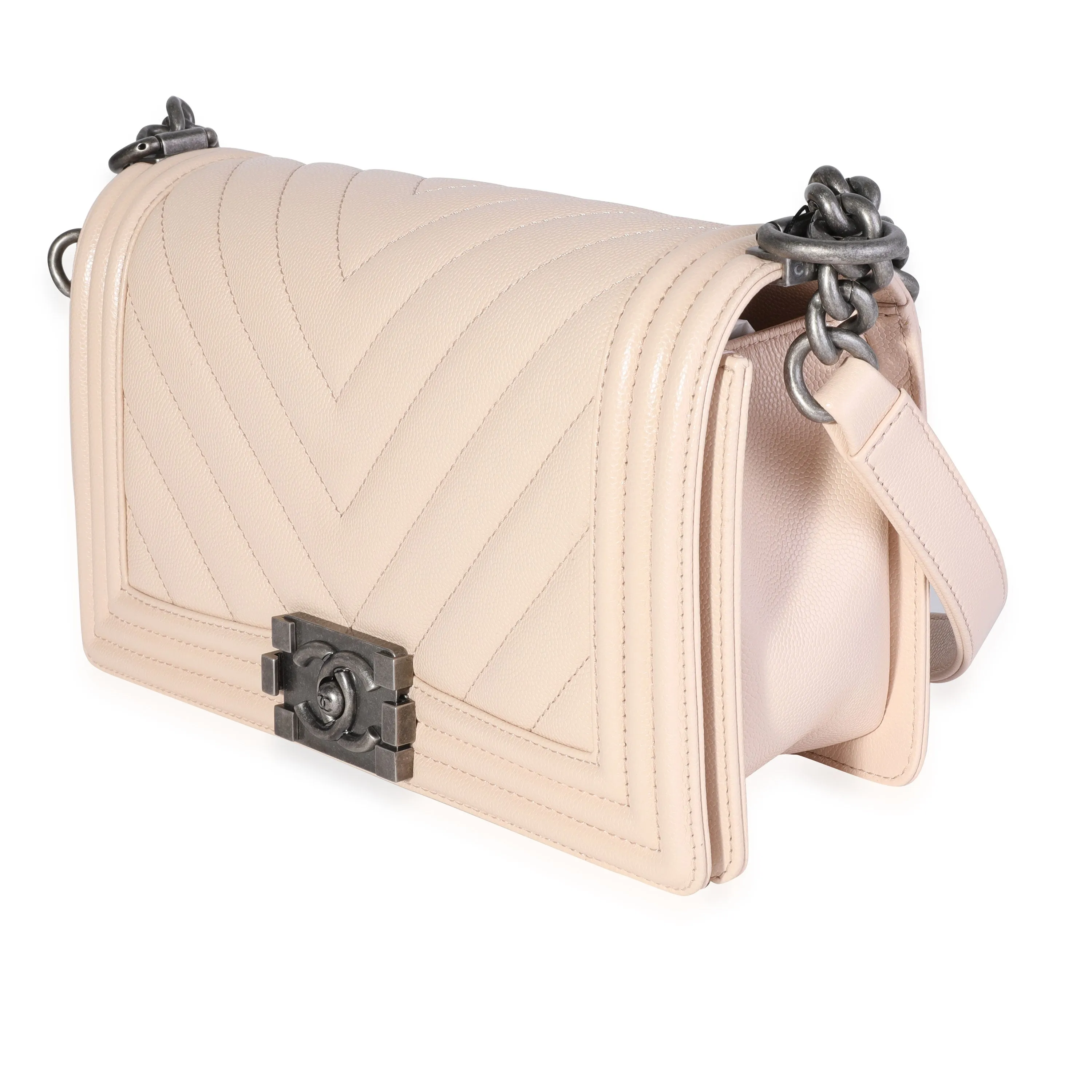Chanel Beige Chevron Quilted Caviar Old Medium Boy Bag