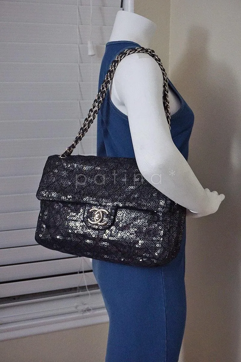 Chanel Black 13in. Maxi Quilted Sequin Classic 2.55 Jumbo XL Flap Bag