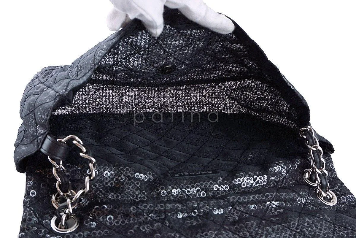 Chanel Black 13in. Maxi Quilted Sequin Classic 2.55 Jumbo XL Flap Bag