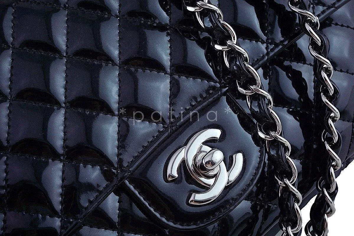 Chanel Black Glossy Patent Quilted Classic Label Flap Bag