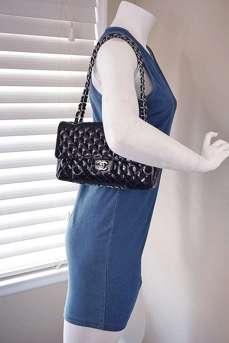 Chanel Black Glossy Patent Quilted Classic Label Flap Bag