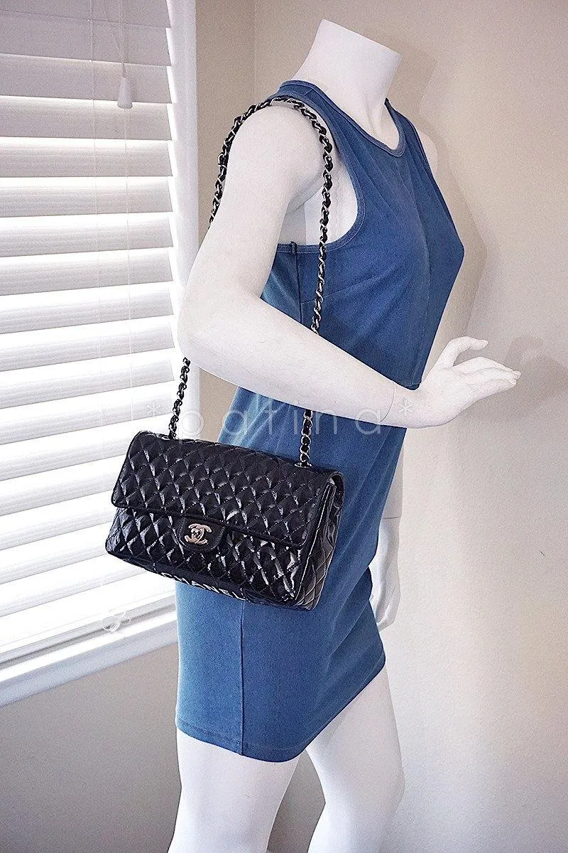 Chanel Black Glossy Patent Quilted Classic Label Flap Bag