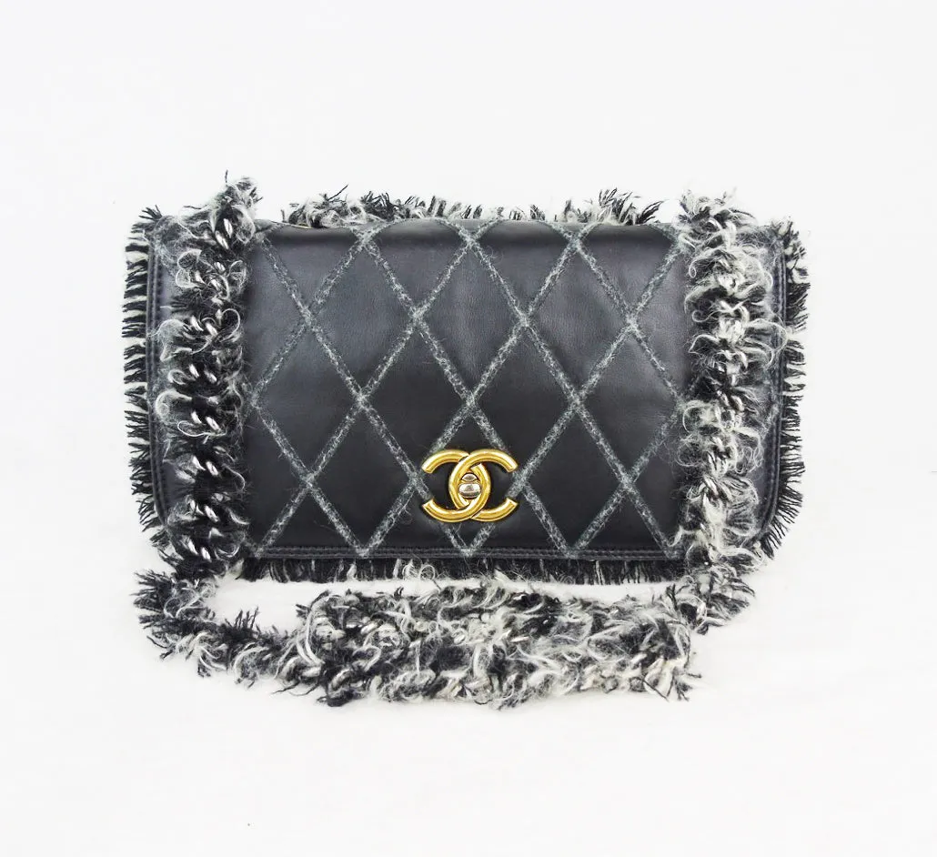 CHANEL Black Leather tweed trim 10" Flap bag