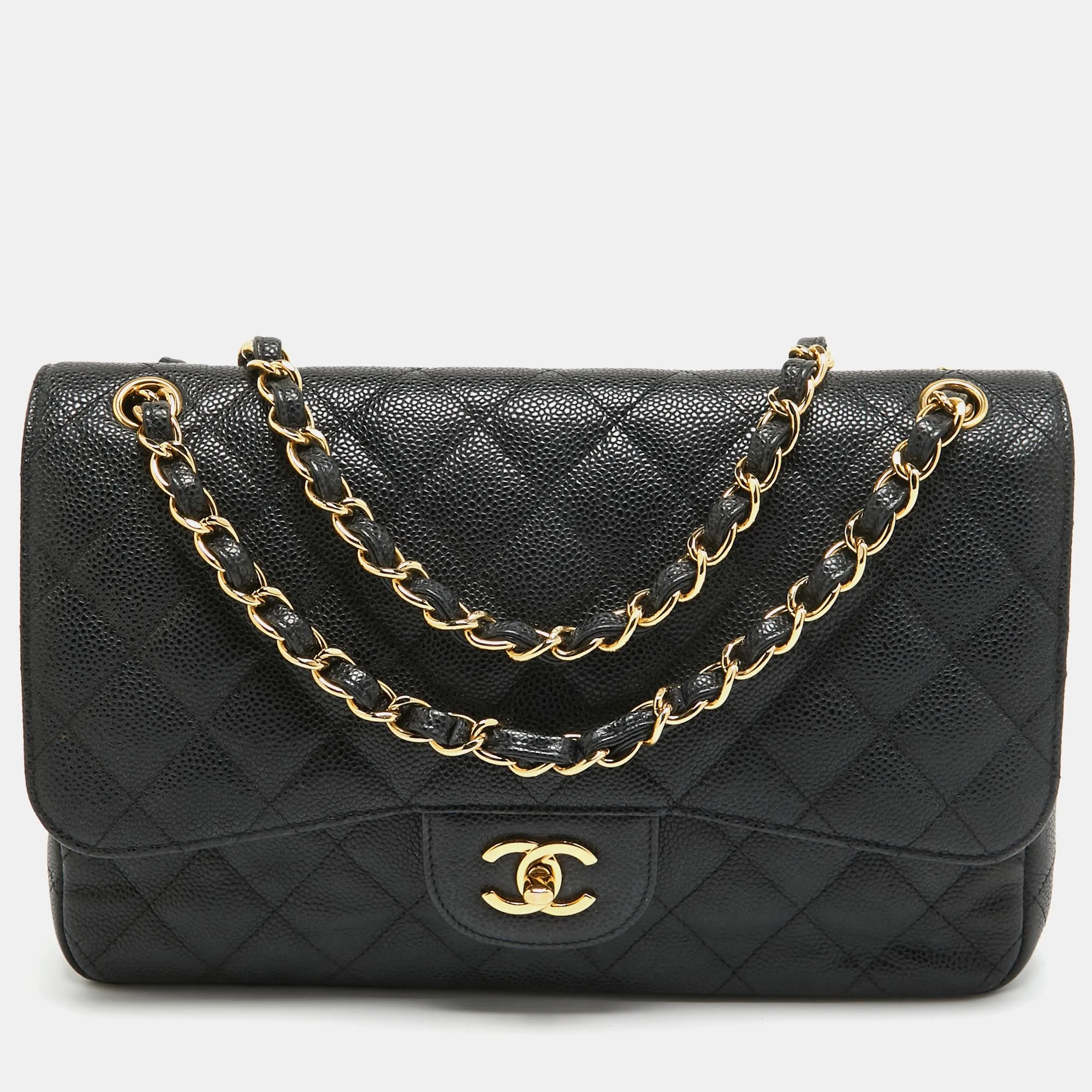 CHANEL Black Quilted Caviar Leather Jumbo Classic Double Flap Bag