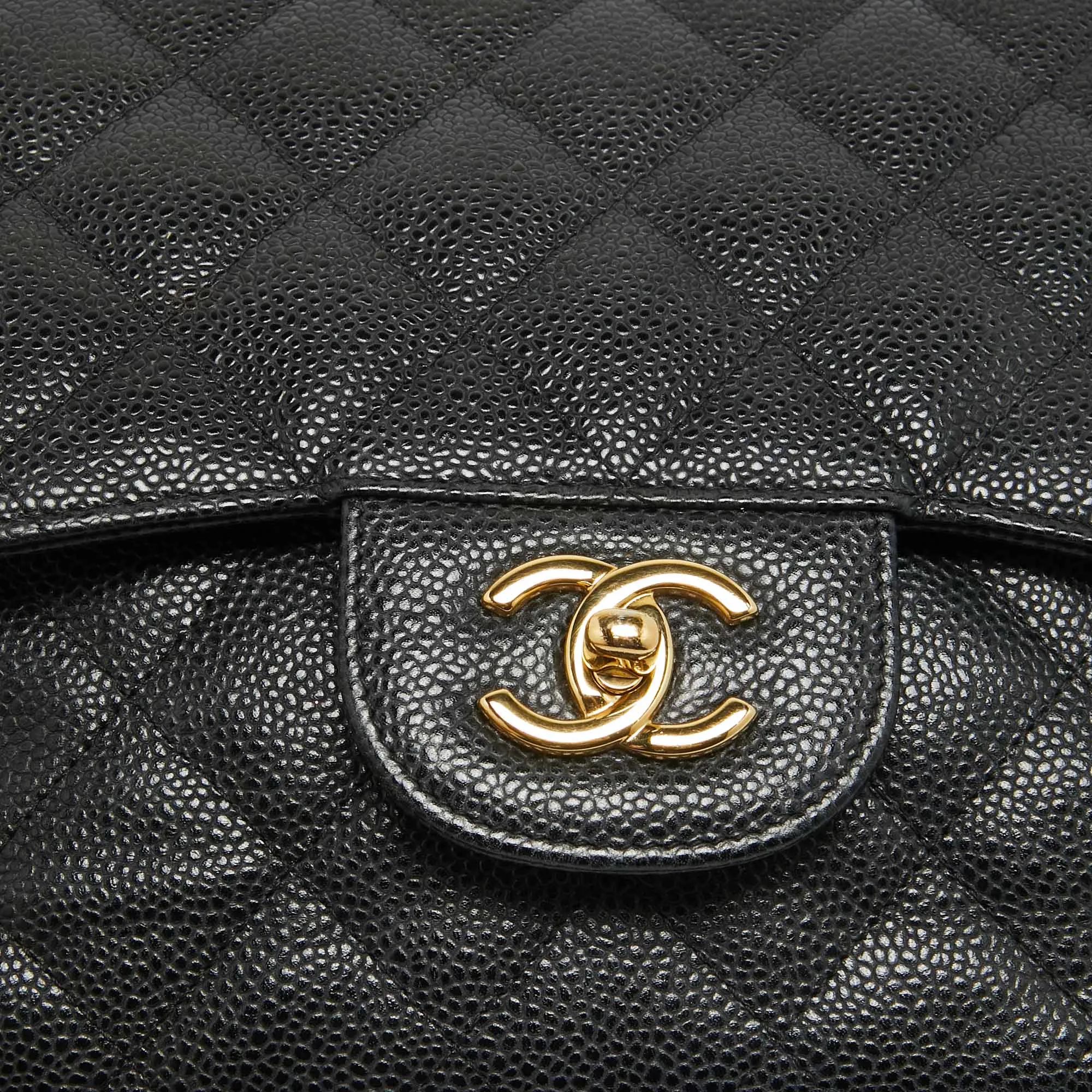 CHANEL Black Quilted Caviar Leather Jumbo Classic Double Flap Bag