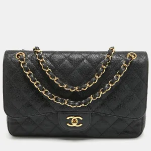 CHANEL Black Quilted Caviar Leather Jumbo Classic Double Flap Bag