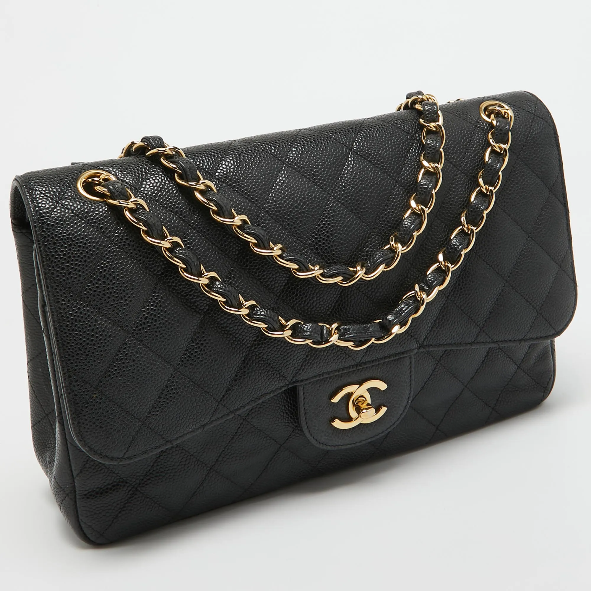 CHANEL Black Quilted Caviar Leather Jumbo Classic Double Flap Bag