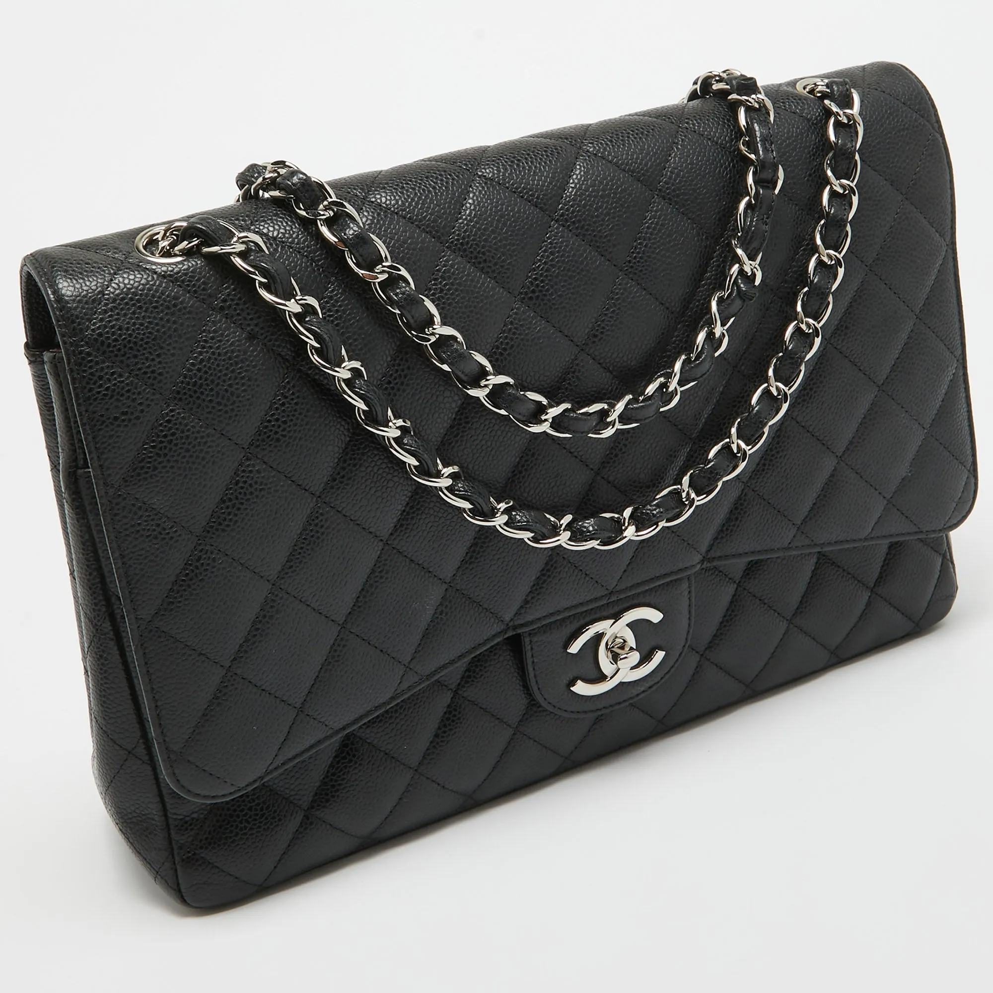 CHANEL Black Quilted Caviar Leather Maxi Classic Double Flap Bag