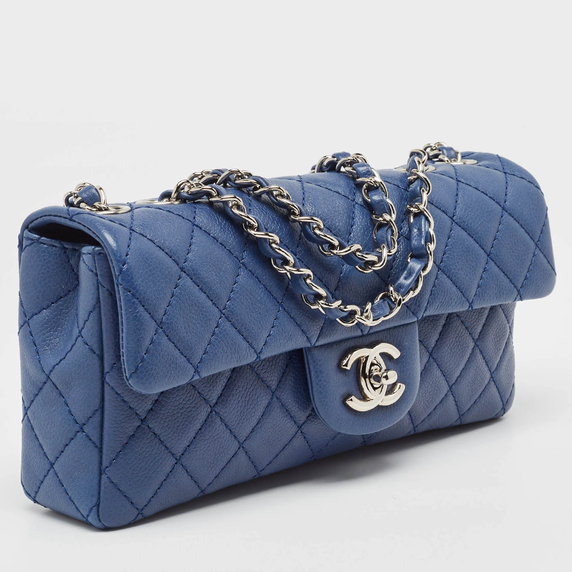 CHANEL Blue Quilted Caviar Leather East/West Classic New Bag