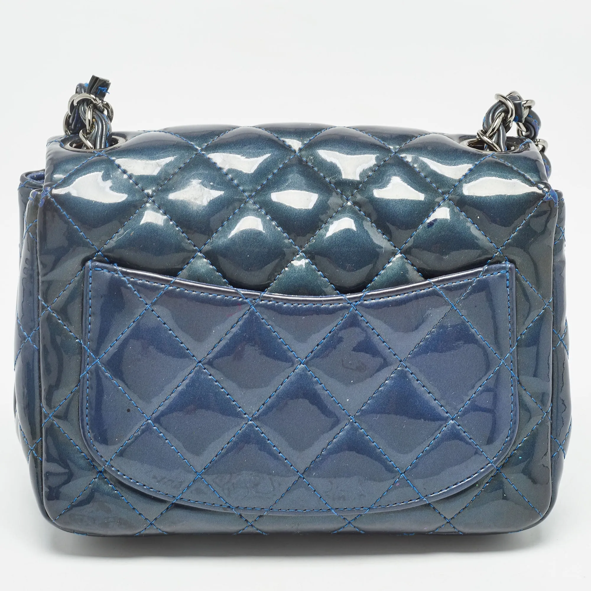 CHANEL Blue Quilted Patent Leather Mini Classic New Bag