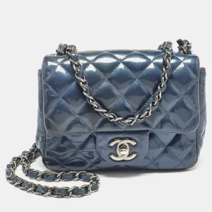 CHANEL Blue Quilted Patent Leather Mini Classic New Bag