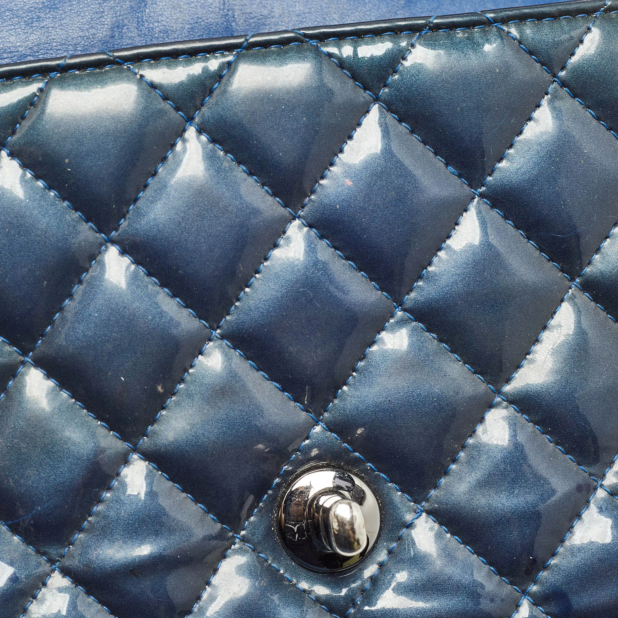 CHANEL Blue Quilted Patent Leather Mini Classic New Bag