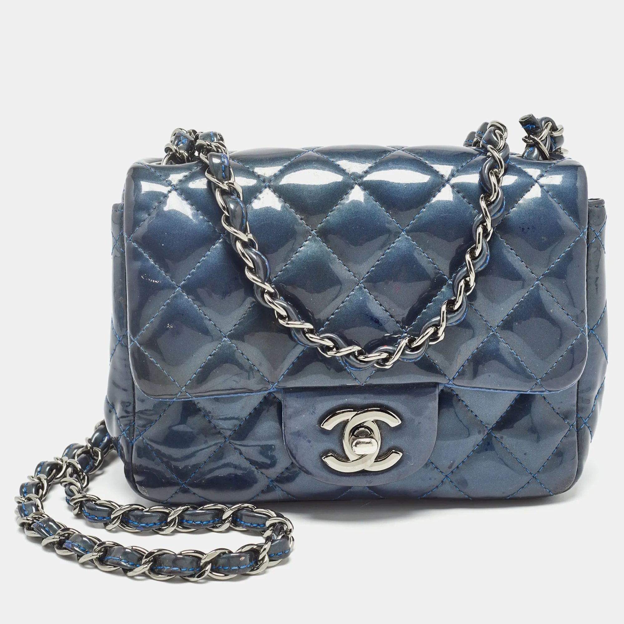 CHANEL Blue Quilted Patent Leather Mini Classic New Bag