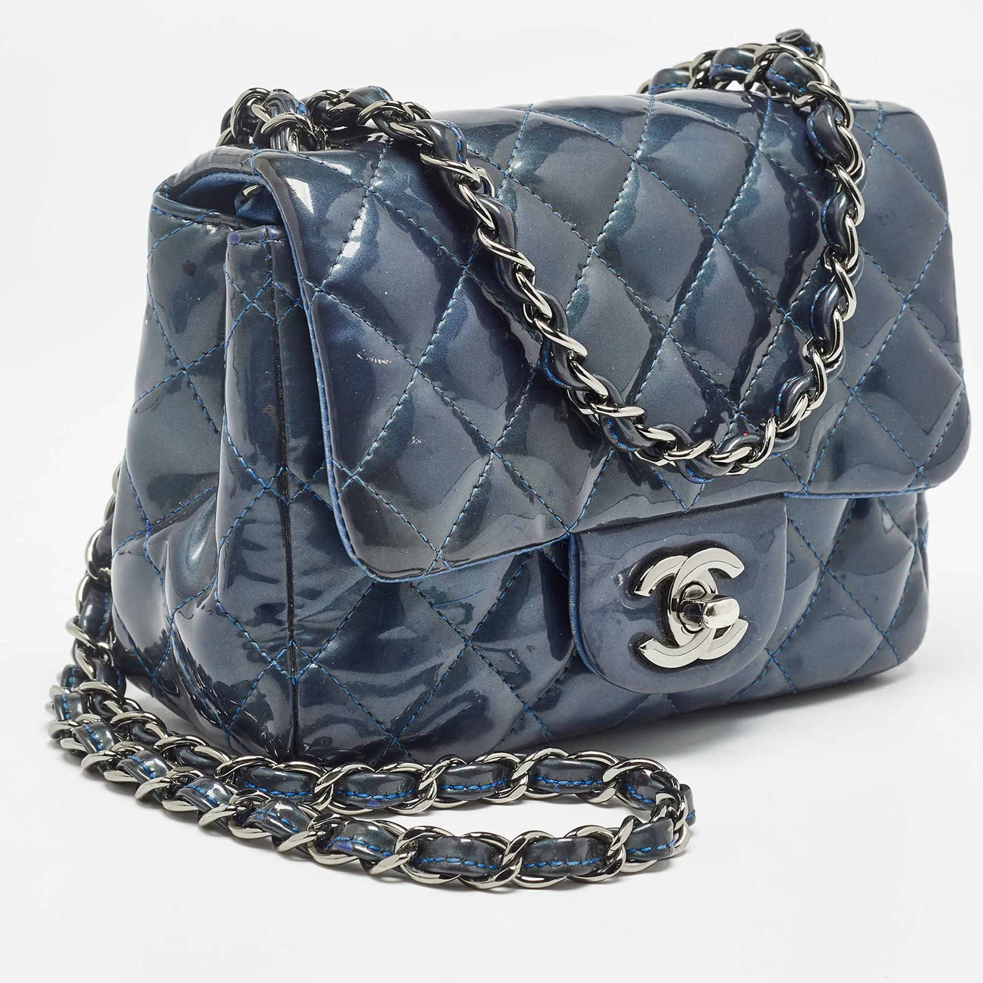 CHANEL Blue Quilted Patent Leather Mini Classic New Bag