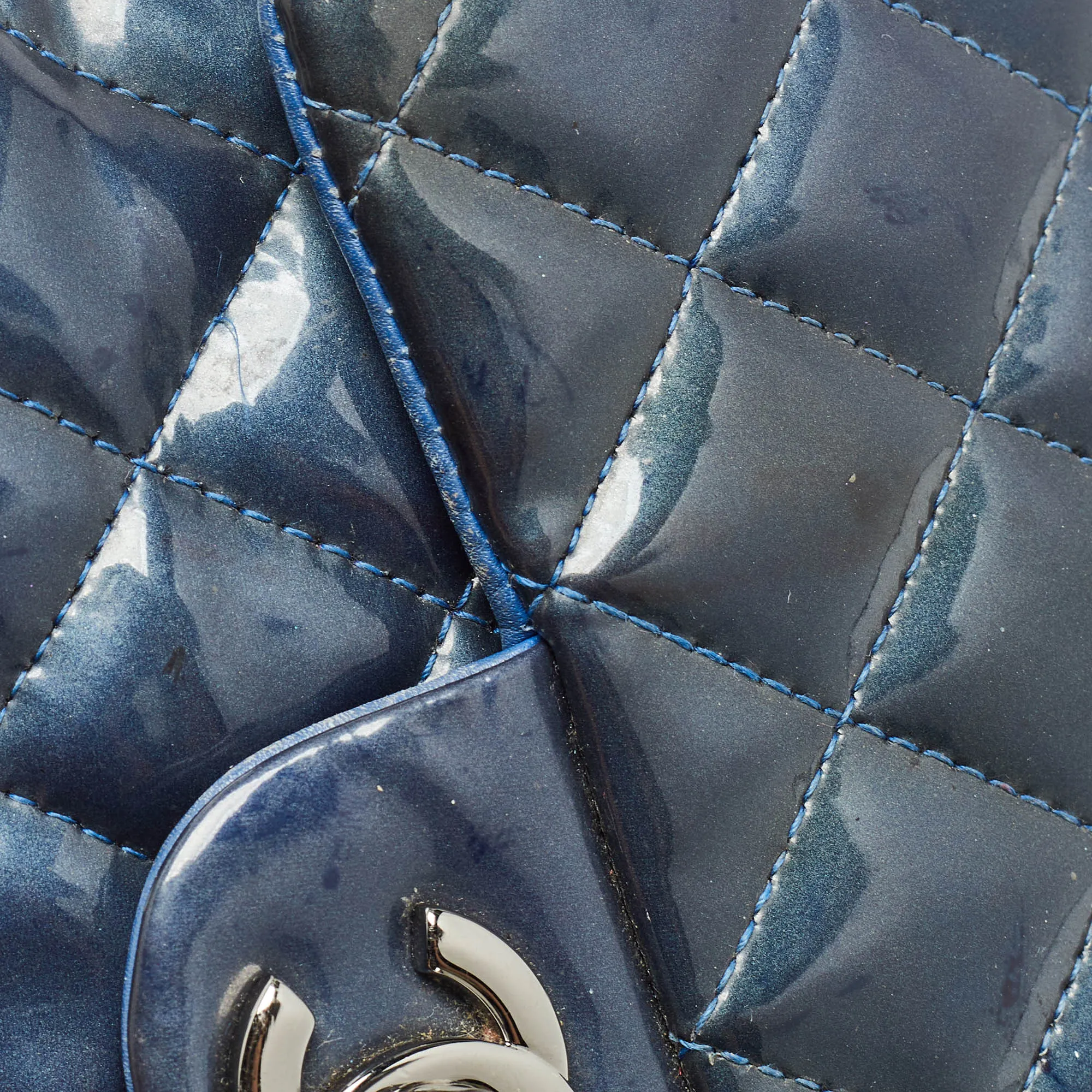 CHANEL Blue Quilted Patent Leather Mini Classic New Bag