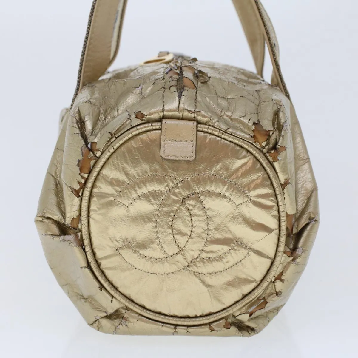 CHANEL Boston Bag Patent leather Gold Tone CC Auth yb278