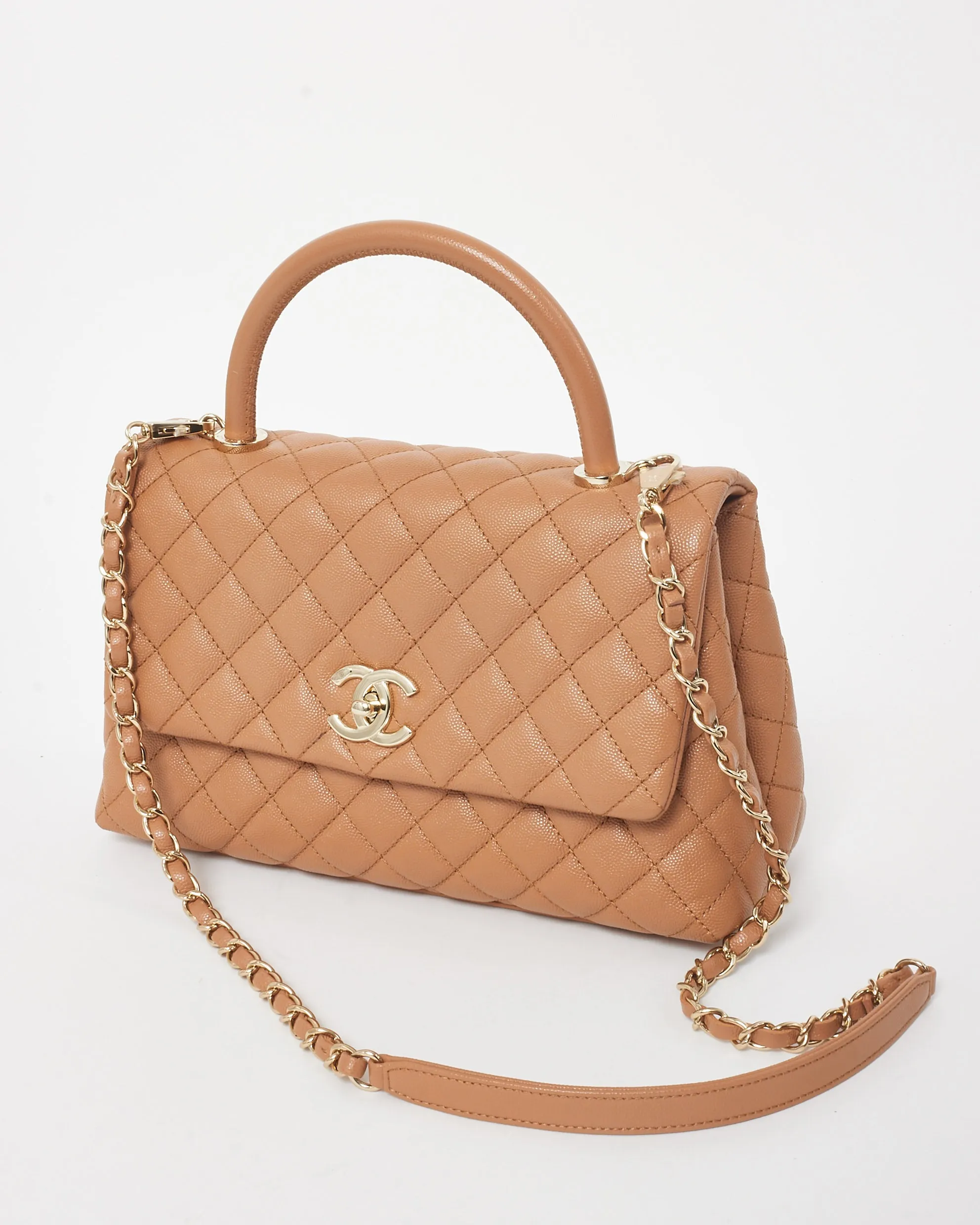Chanel Camel Caviar Leather Coco Handle Medium Top Handle Bag
