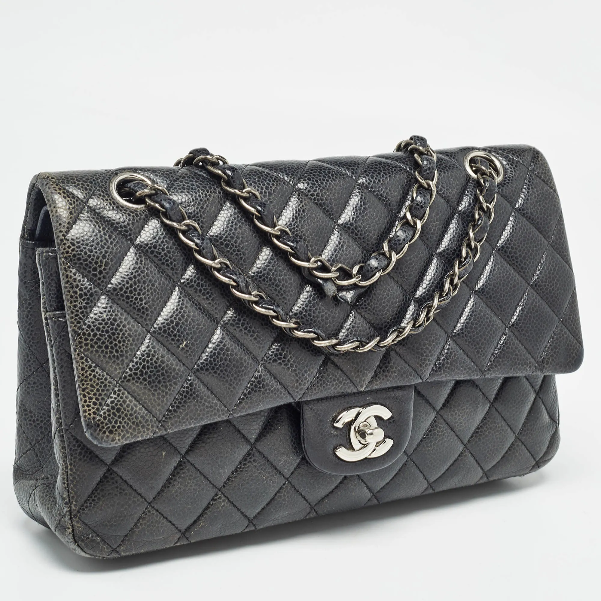 CHANEL Navy Blue Quilted Caviar Leather Medium Classic Double New Bag