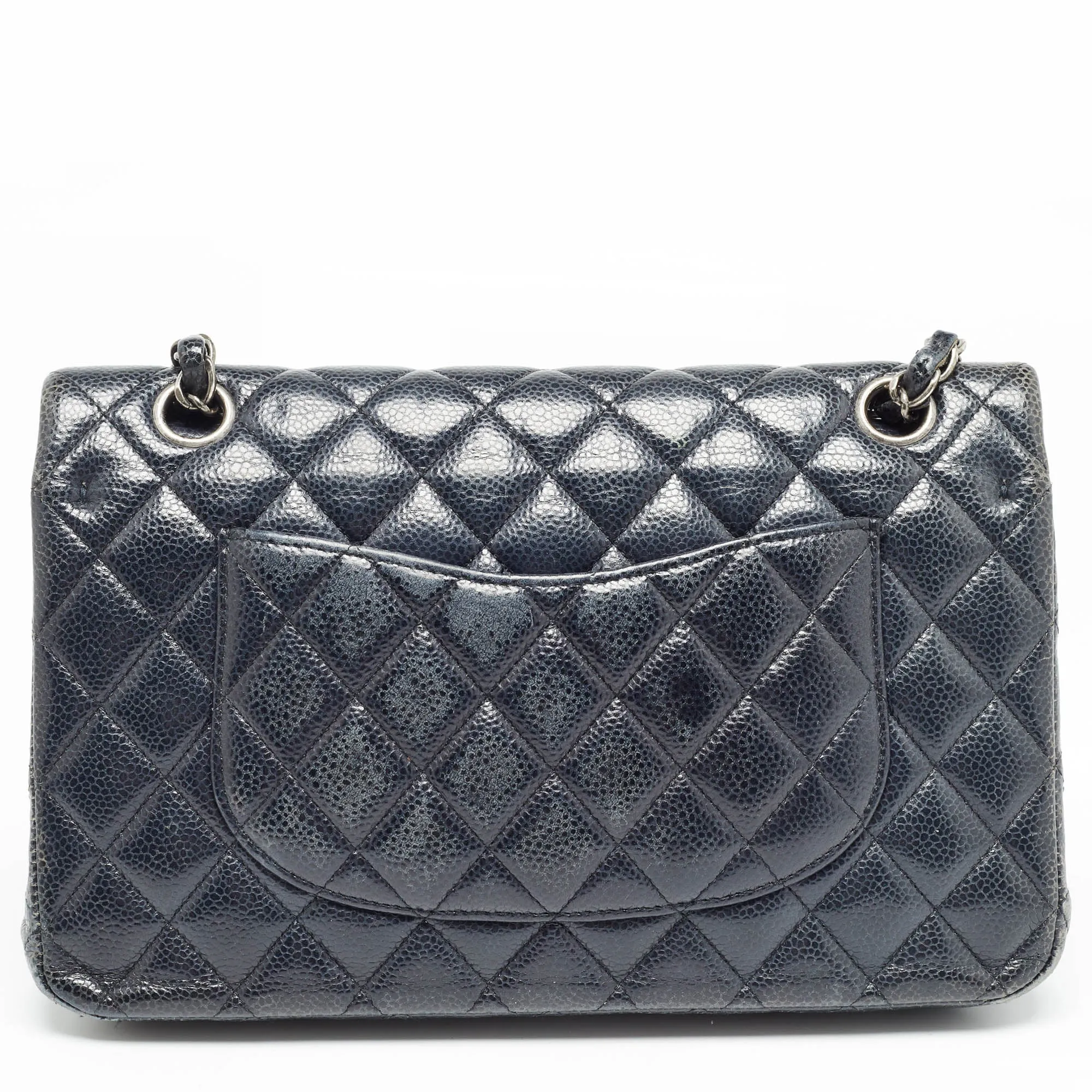 CHANEL Navy Blue Quilted Caviar Leather Medium Classic Double New Bag