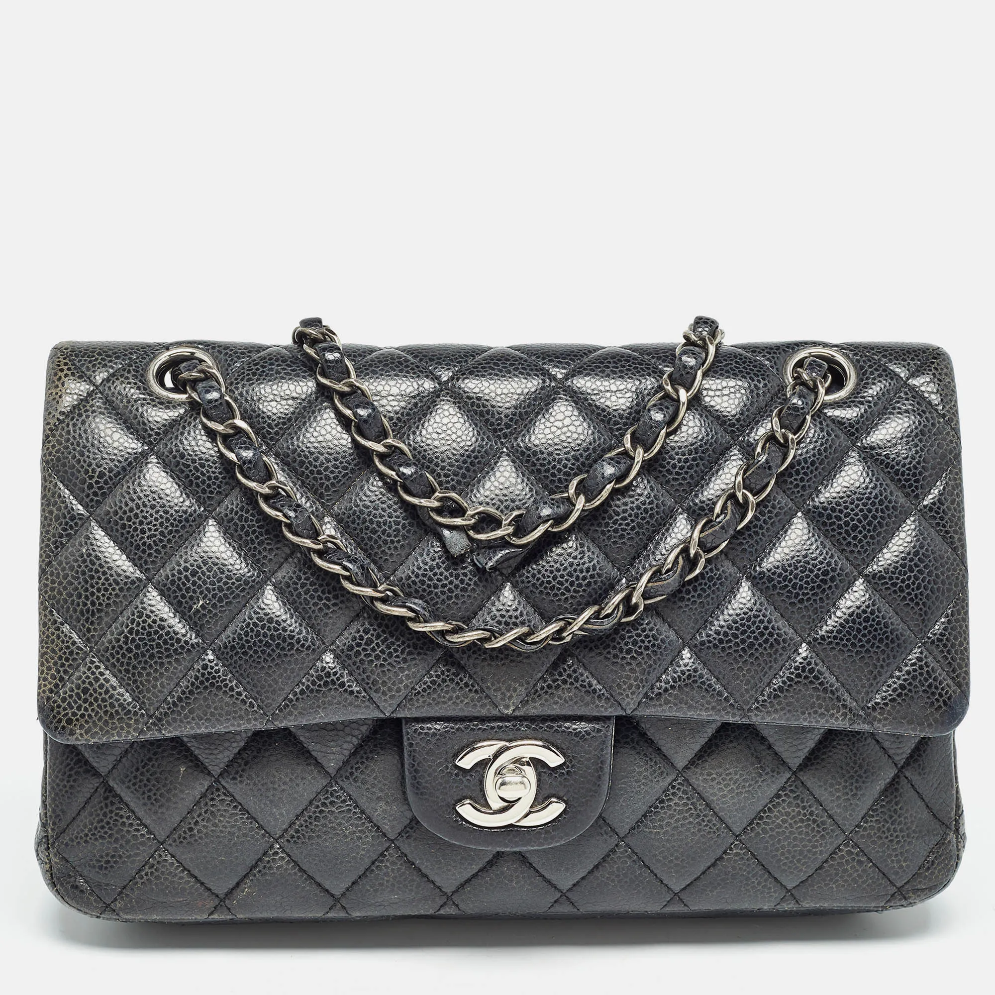 CHANEL Navy Blue Quilted Caviar Leather Medium Classic Double New Bag