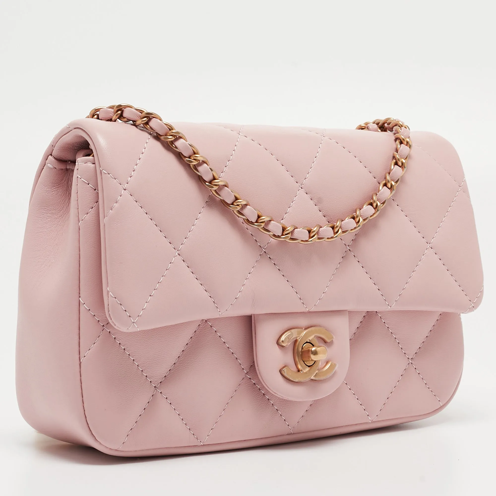 CHANEL Pink Quilted Leather New Mini Heart Charm Classic Flap Bag