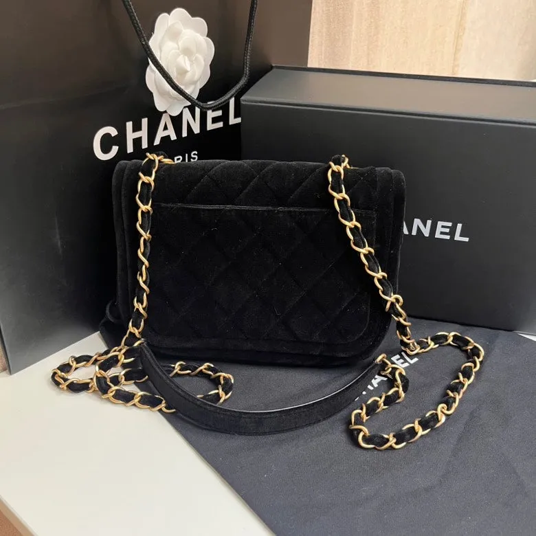 Chanel Quilted Classic Black Velvet Shoulder Bag - Medium
