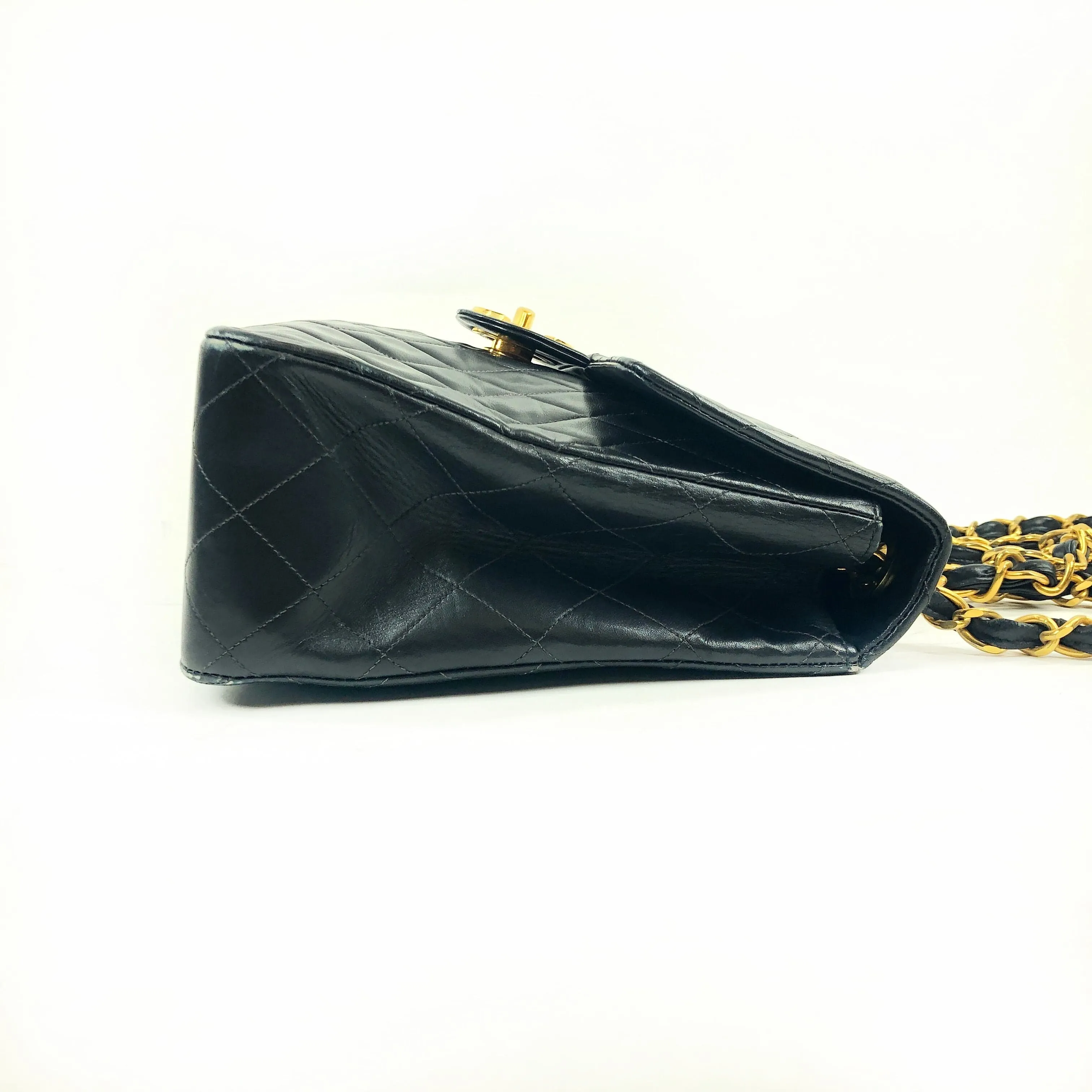 Chanel Quilted Deca Single Flap Double Chain Shoulder Bag Ghw Black Lambskin 2 PXL1279