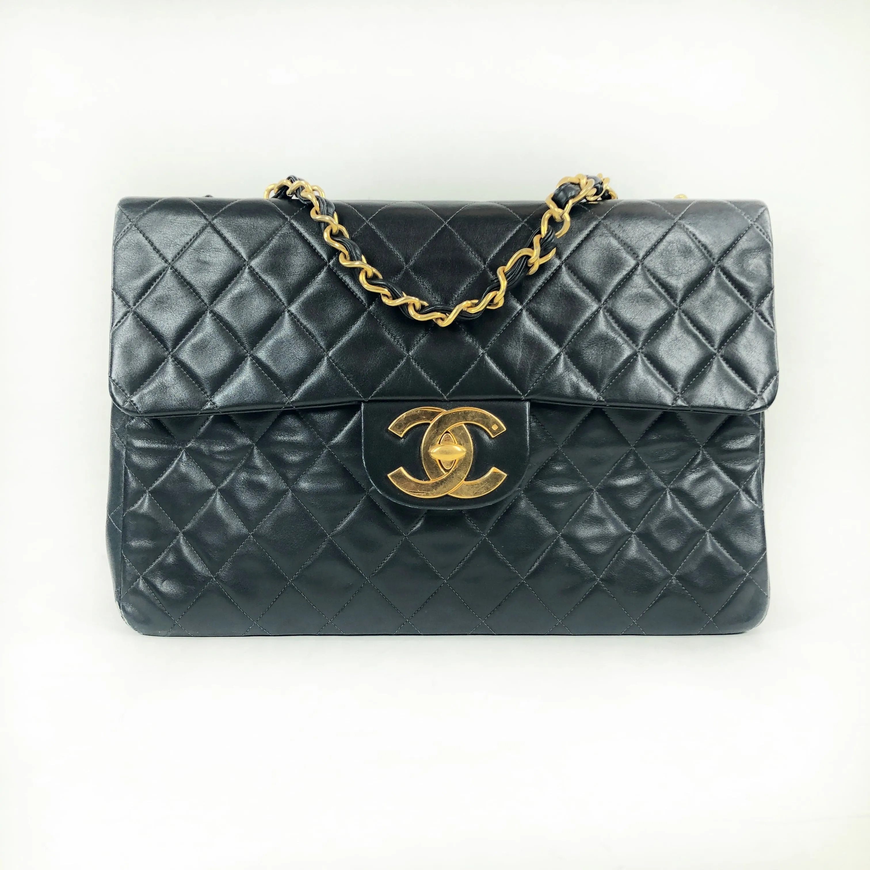 Chanel Quilted Deca Single Flap Double Chain Shoulder Bag Ghw Black Lambskin 2 PXL1279