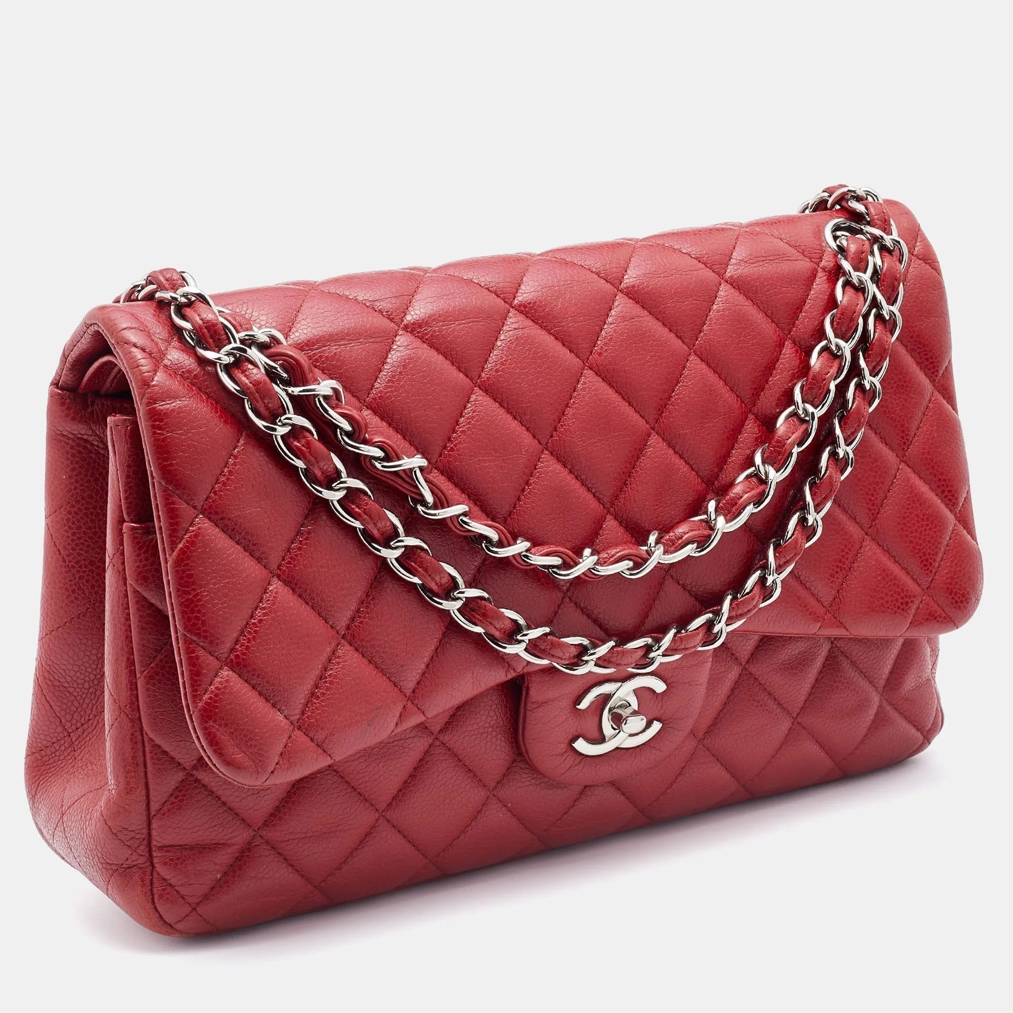 Chanel Red Quilted Caviar Leather Jumbo Classic Double Flap Bag