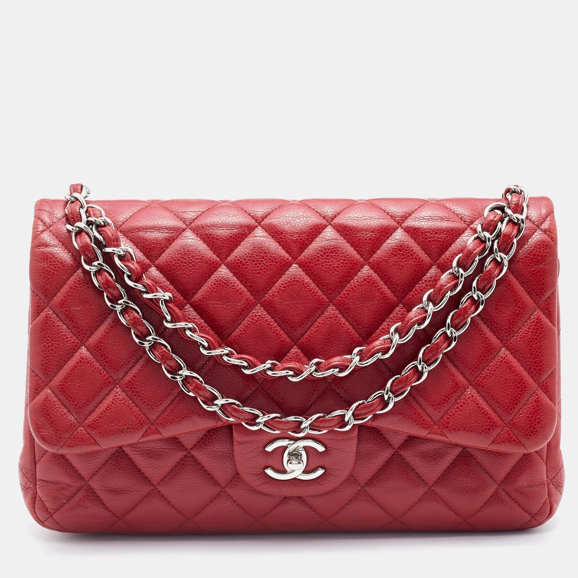 Chanel Red Quilted Caviar Leather Jumbo Classic Double Flap Bag